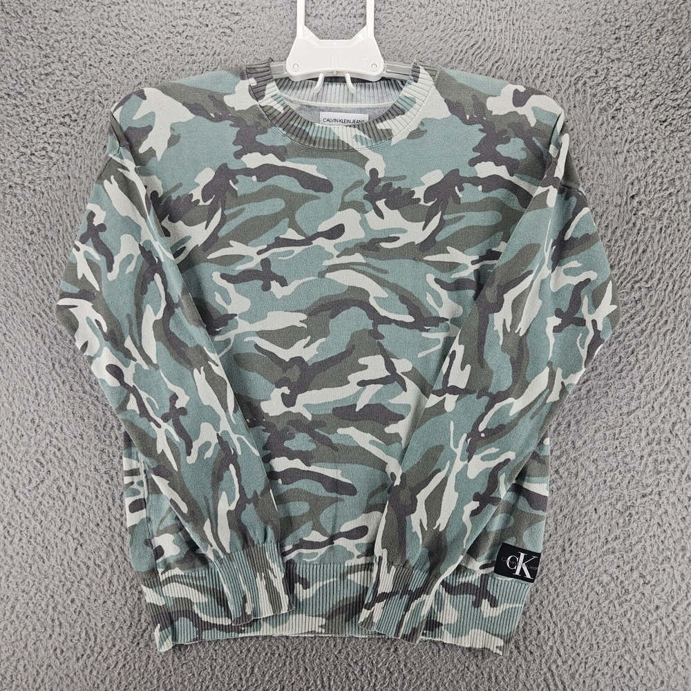 Calvin Klein Jeans Womens Camo Cotton Knit Crewneck Sweater Green Grey Small